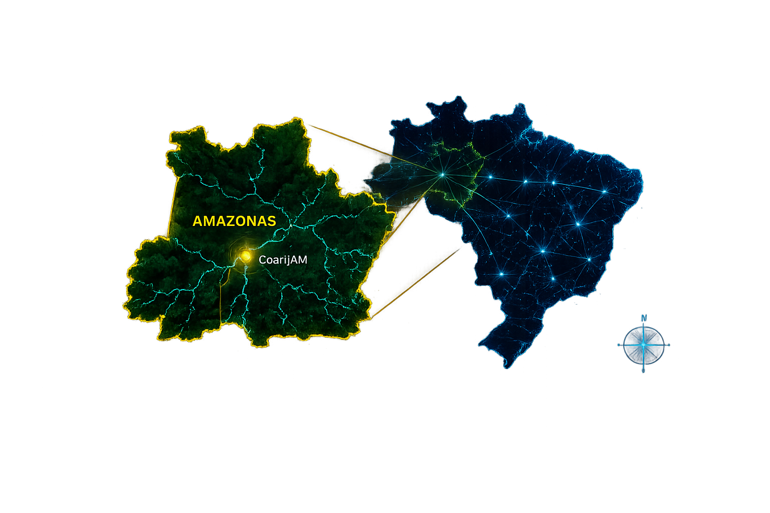 Mapa tecnológico do Brasil com Amazonas em destaque e Coari/AM marcado como sede da Melion Tech